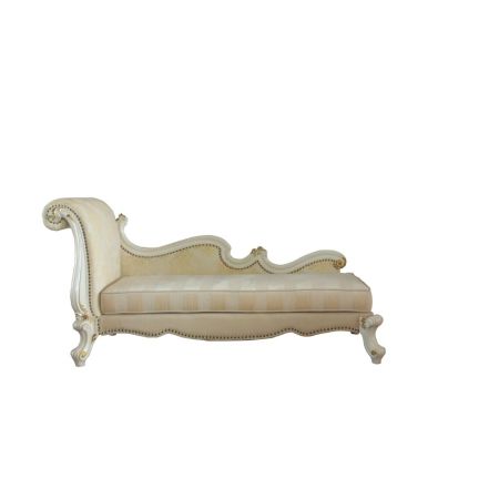 ACME Picardy Chaise Lounge W/2 Pillows Pattern Fabric & Antique Pearl Finish