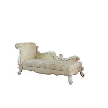 ACME Picardy Chaise Lounge W/2 Pillows Pattern Fabric & Antique Pearl Finish