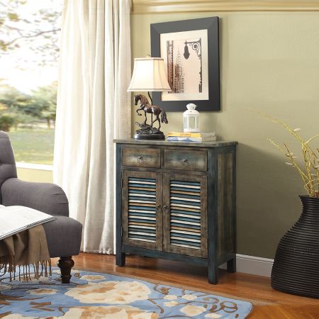 ACME Glancio Console Cabinet Antique Oak & Teal Finish