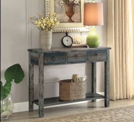 ACME Glancio Console Table Antique Gray & Teal Finish