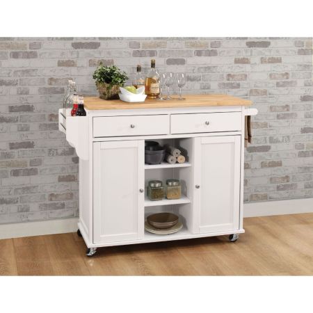 ACME Tullarick Kitchen Cart Natural Wooden Top & White Finish