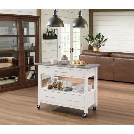 ACME Ottawa Kitchen Cart Stainless Steel Top & White Finish