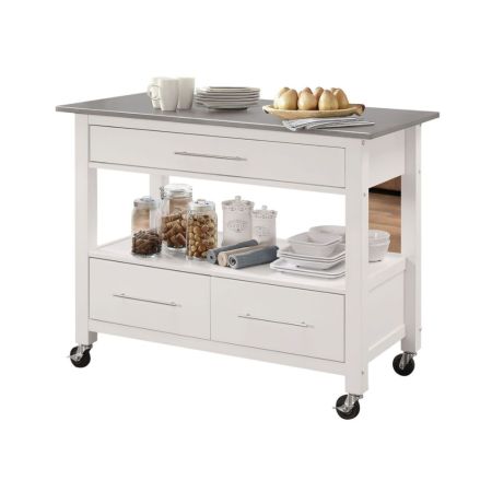 ACME Ottawa Kitchen Cart Stainless Steel Top & White Finish