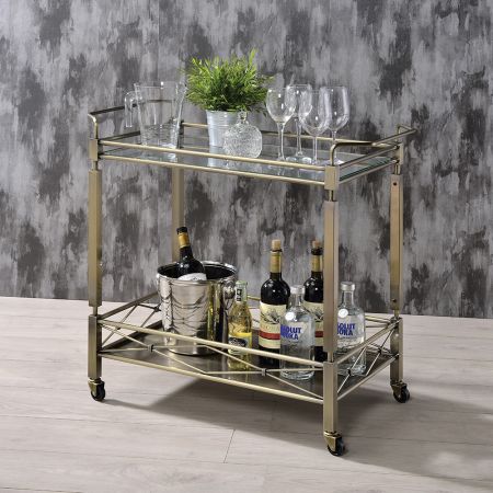 ACME Matiesen Serving Cart Clear Glass & Antique Gold Finish