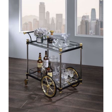 ACME Cyrus Serving Cart Clear Glass & Black/Gold Finish