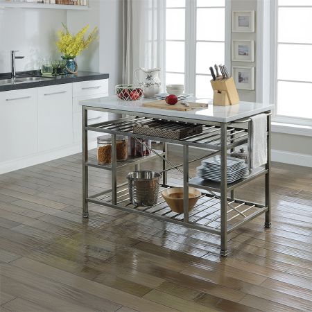 ACME Lanzo Kitchen Island Marble Top & Antique Pewter Finish