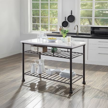 ACME Freyja Kitchen Island White Cultured Marble Top & Gray Finish