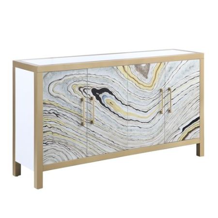 ACME Olisa Console Cabinet Stone Grain White & Gold Finish