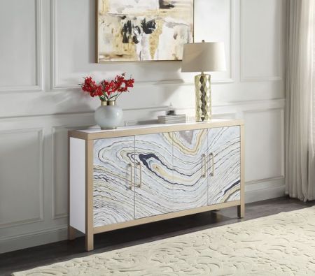 ACME Olisa Console Cabinet Stone Grain White & Gold Finish