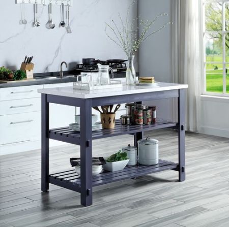 ACME Enapay Kitchen Island Marble Top Top & Gray Finish