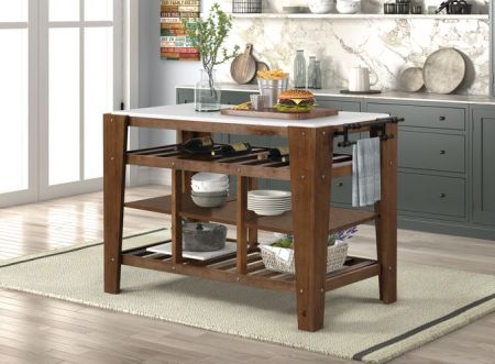 ACME Alaroa Kitchen Island Marble Top & Rustic Brown Finish