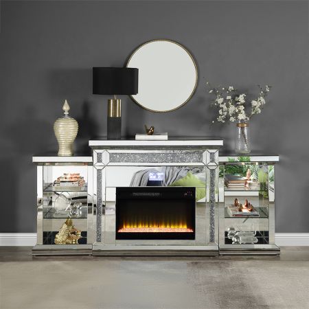 ACME Noralie Fireplace W/Led & Bluetooth Mirrored & Faux Diamonds