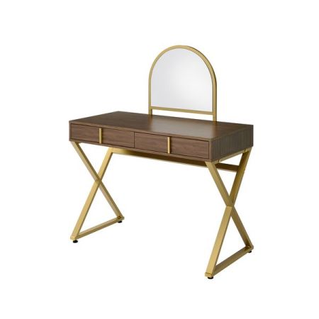 ACME Coleen Vanity Desk W/Mirror & Jewelry Tray Walnut & Gold Finish