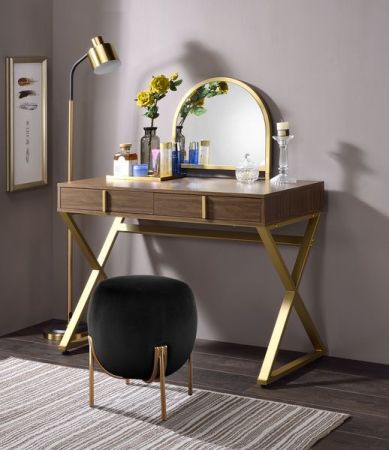 ACME Coleen Vanity Desk W/Mirror & Jewelry Tray Walnut & Gold Finish