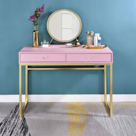 ACME Coleen Vanity Desk W/Mirror & Jewelry Tray Pink & Gold Finish