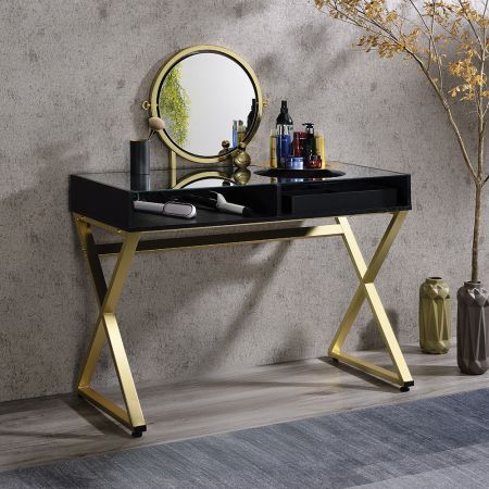 ACME Coleen Vanity Desk W/Mirror & Jewelry Tray Black & Gold Finish