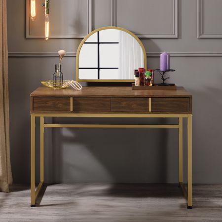 ACME Coleen Vanity Desk W/Mirror & Jewelry Tray Walnut & Gold Finish