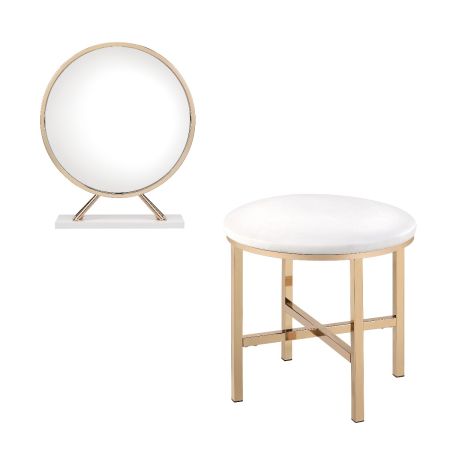 ACME Midriaks Mirror & Stool Synthetic Leather White & Gold Finish