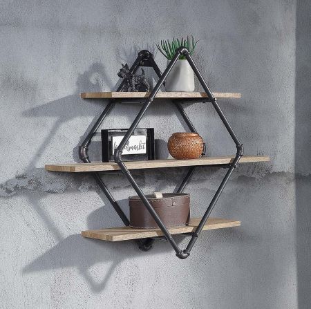 ACME Brantley Wall Rack W/3 Shelves Oak & Sandy Black Finish