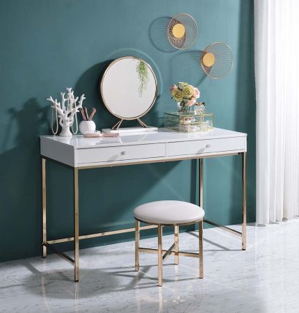 ACME Ottey Vanity Desk(Same 92540) White High Gloss & Gold Finish