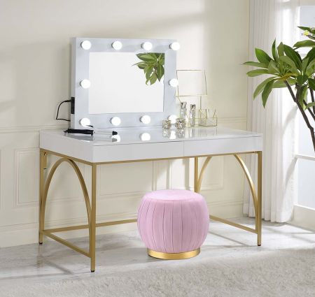 ACME Lightmane Vanity Desk(Same 92660) White High Gloss & Gold Finish