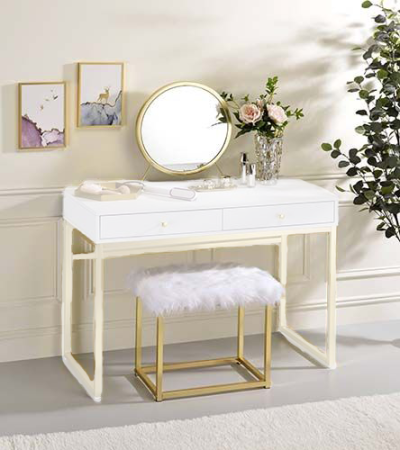 ACME Adao Vanity Mirror & Stool Faux Fur Mirror White & Brass Finish