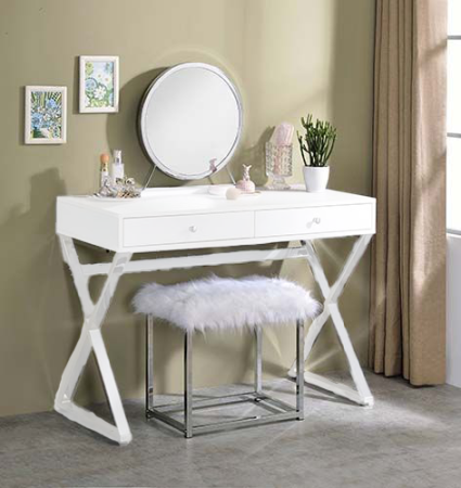 ACME Adao Vanity Mirror & Stool Faux Fur Mirror White & Chrome Finish