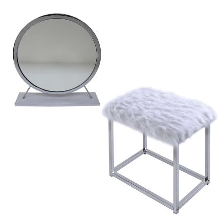 ACME Adao Vanity Mirror & Stool Faux Fur Mirror White & Chrome Finish