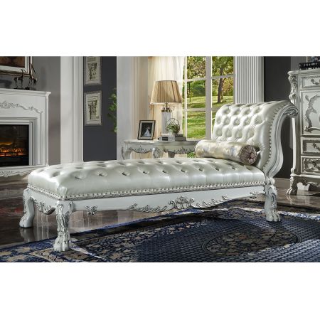 ACME Dresden Chaise W/Pillow Synthetic Leather & Bone White Finish