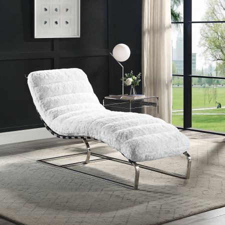 ACME Qortini Chaise White Teddy Sherpa & Stainless Steel