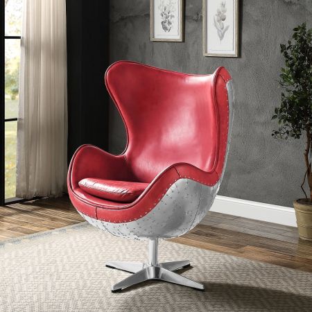 ACME Brancaster Accent Chair W/Swivel Red Top Grain Leather & Aluminum