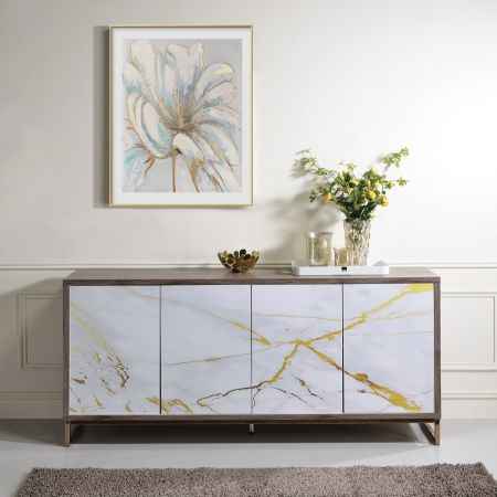 ACME Paavan Console Cabinet White Marble Print Oak & Champagne Finish