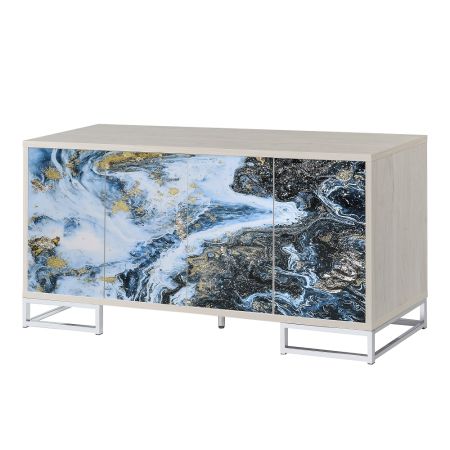 ACME Panti Console Cabinet Blue Marble Print & Chrome Finish