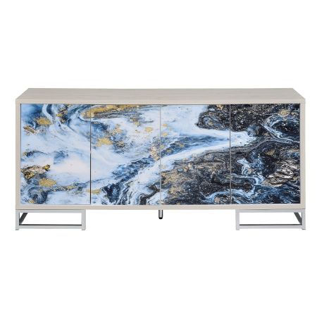 ACME Panti Console Cabinet Blue Marble Print & Chrome Finish