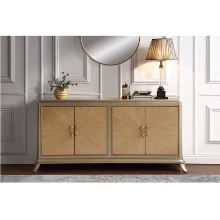 ACME Dodie Console Cabinet Natural Oak Sunburst Pattern & Taupe Champaign Finish