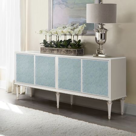 ACME Ansaldo Console Cabinet Pearl White & Silver Shimmer Finish