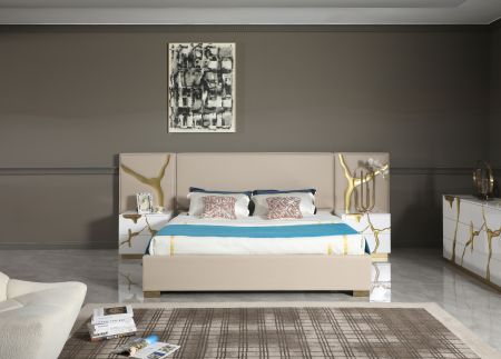 Modrest Aspen - Glam Beige Bonded Leather & Gold Q Bed