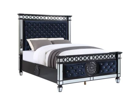 ACME Varian II Queen Bed Mirrored Dark Navy Blue Velvet & Black & Sliver Finish