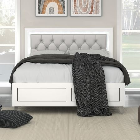 ACME Casilda Queen Bed W/Led Gray Synthetic Leather & White Finish