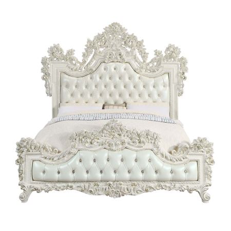 ACME Adara EK Bed Pearl White Synthetic Leather & Antique White Finish