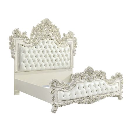 ACME Adara EK Bed Pearl White Synthetic Leather & Antique White Finish