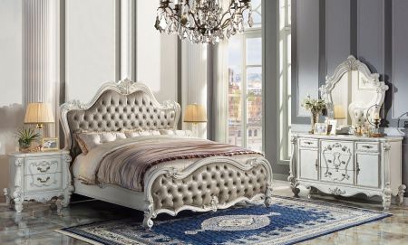 ACME Versailles II Queen Bed Vintage Gray Synthetic Leather & Bone White Finish