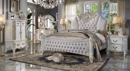 ACME Vendome CK Bed Two Tone Ivory Fabric & Antique Pearl Finish