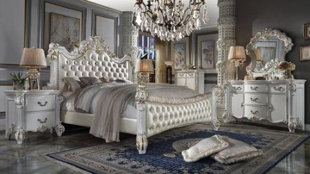 ACME Vendome CK Bed Synthetic Leather & Antique Pearl Finish