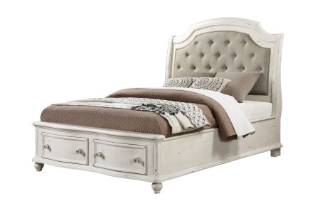 ACME Jaqueline Queen Bed W/Storage Gray Linen & Antique White Finish