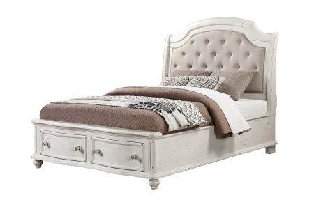 ACME Jaqueline Queen Bed W/Storage Gray Linen & Antique White Finish