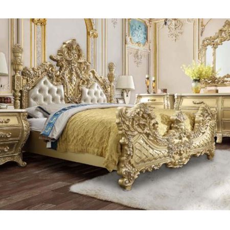 ACME Cabriole EK Bed Light Gold Synthetic Leather & Gold Finish