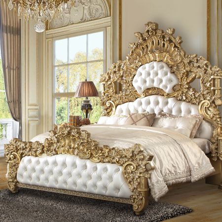 ACME Bernadette EK Bed White Synthetic Leather Fabric & Gold Finish