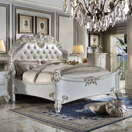 ACME Vendome CK Bed Synthetic Leather & Antique Pearl Finish