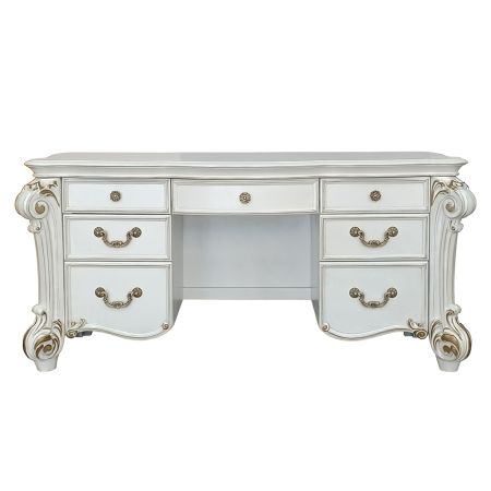 ACME Vendome Vanity Desk Beige Synthetic Leather & Antique Silver Finish